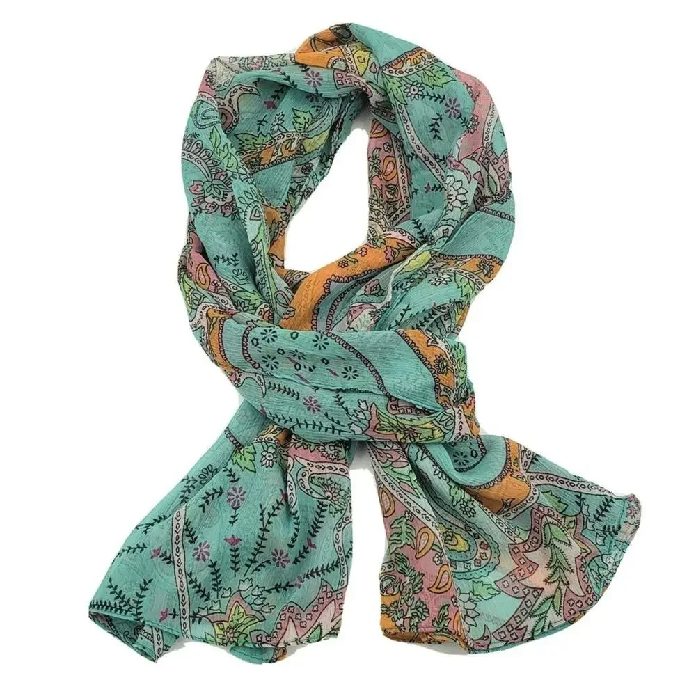 SACRED THREADS Boho Colorful Scarf Aqua Pink Paisley Floral Sheer Crinkle NEW